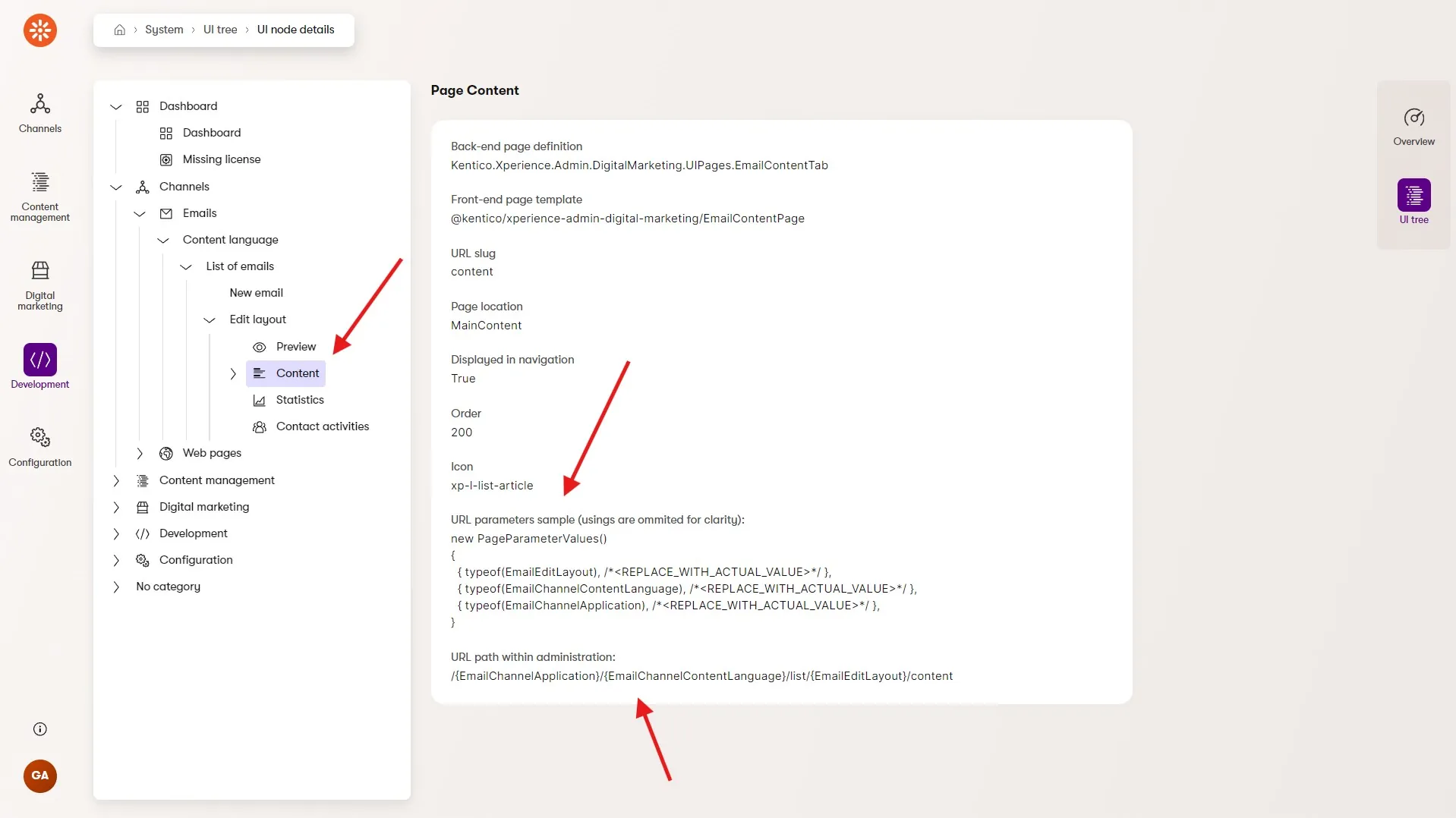 UI tree in the System application showing how to generate URLs to the content tab of an email in an email channel.