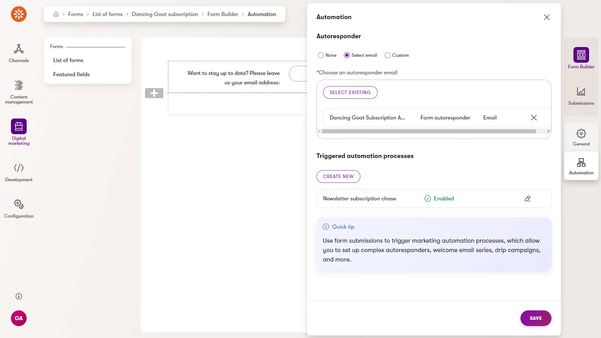 Panel in Form Builder showing automation configuration options