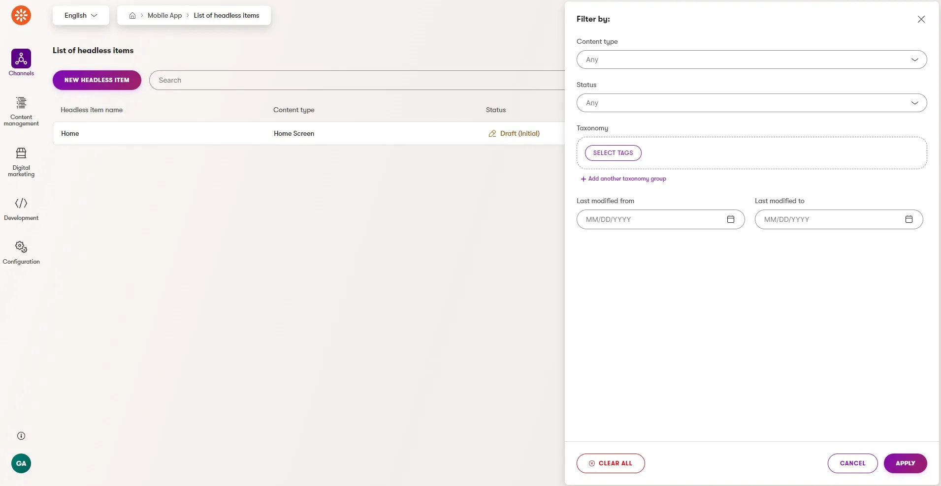 Headless channel headless items filter UI