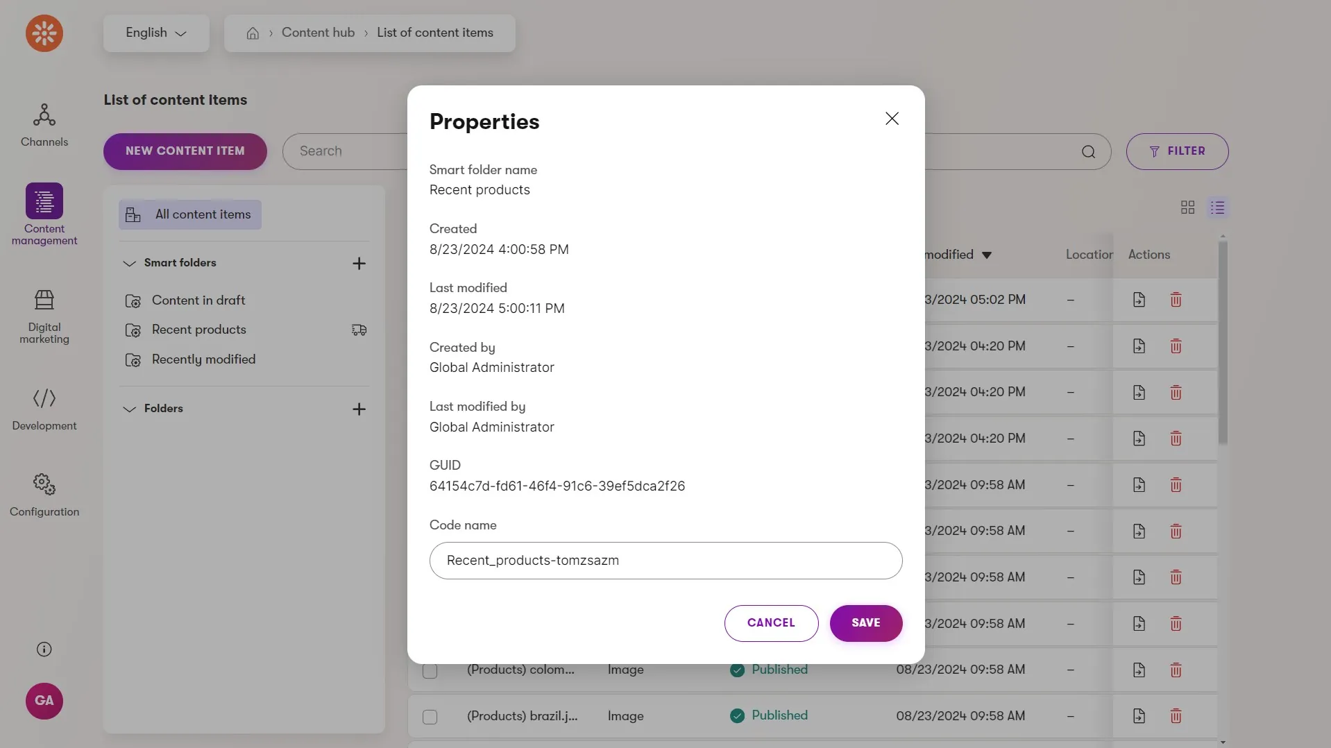 Content hub smart folder properties dialog