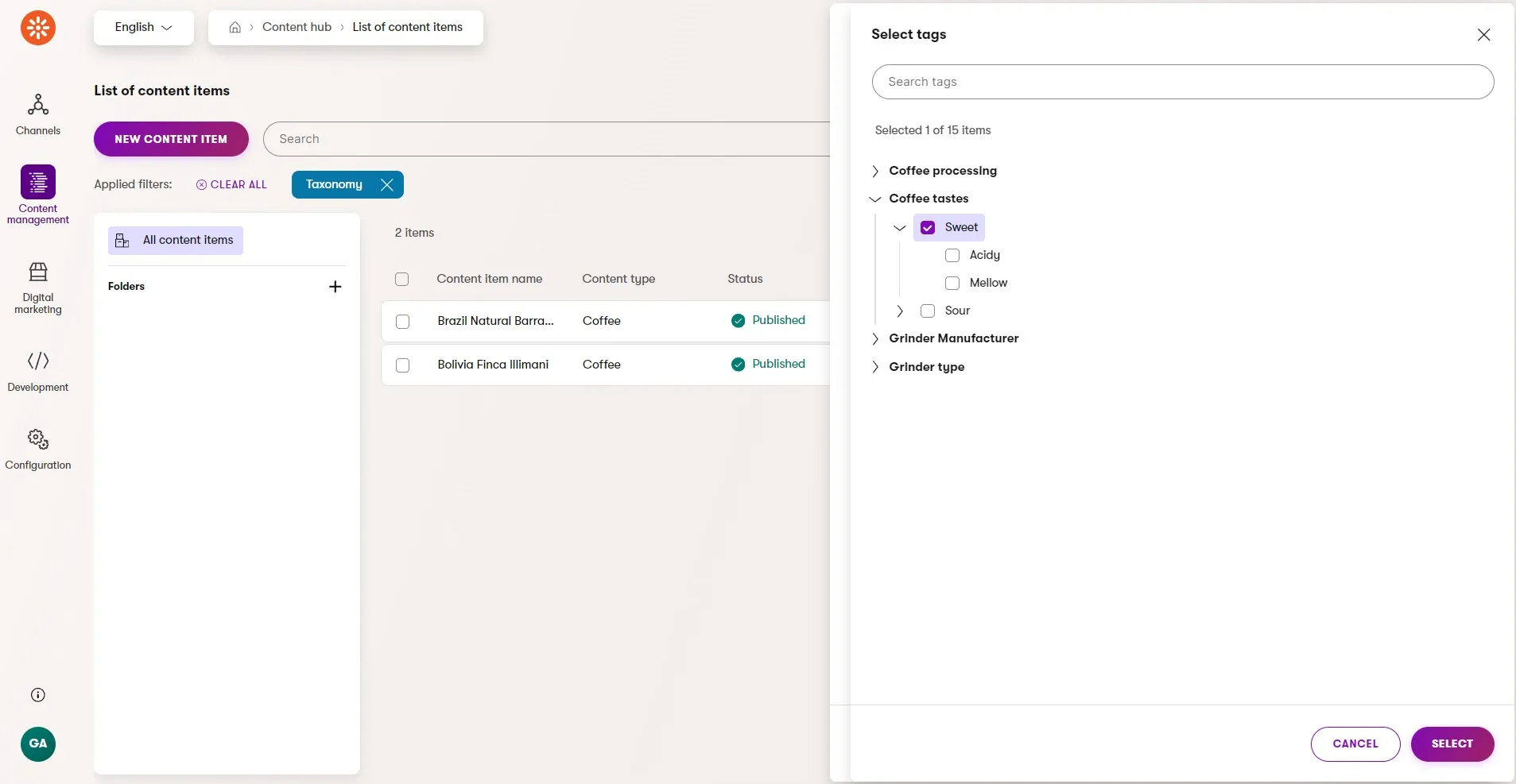 Content hub taxonomy filtering with tag hierarchies