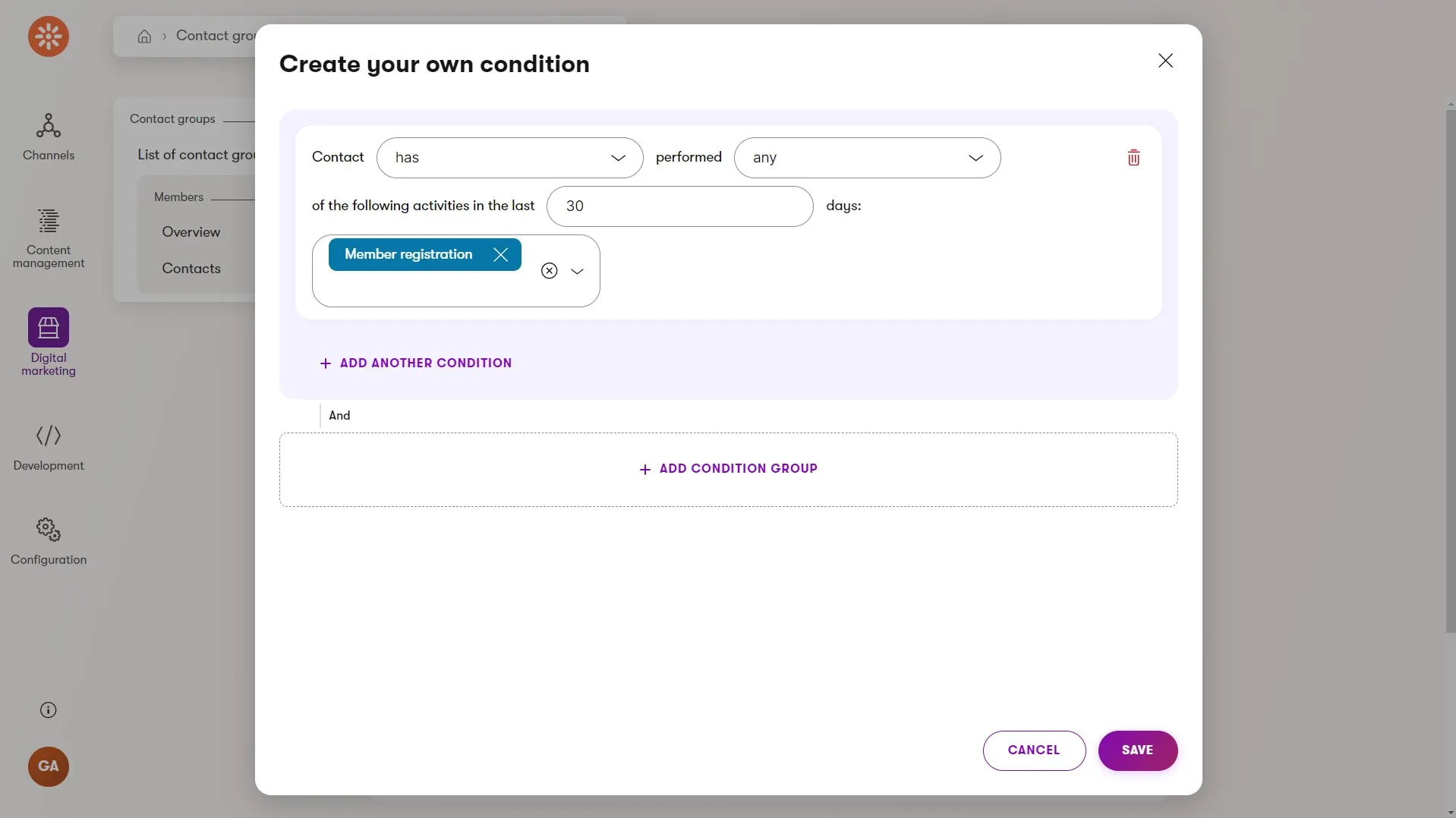 Contact group condition builder showing the Member registration activity rule