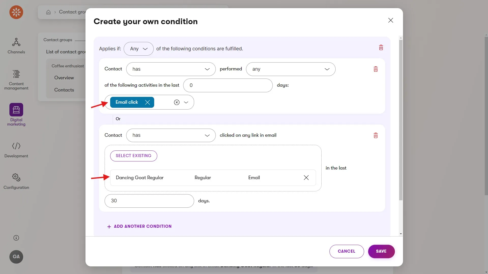 Contact group rules a marketer can use to segment customers based on email activity.