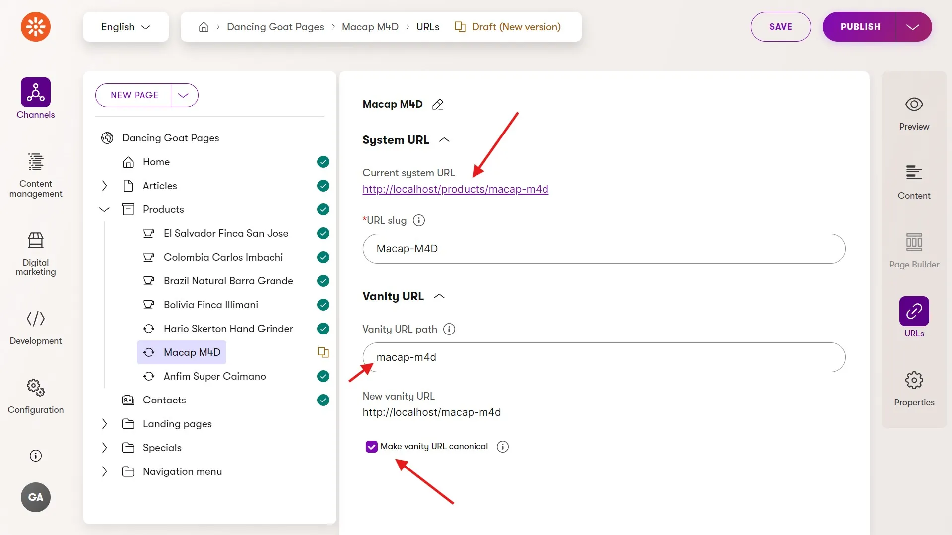 URL management form for a Macap M4D product web page in the Dancing Goat website channel.