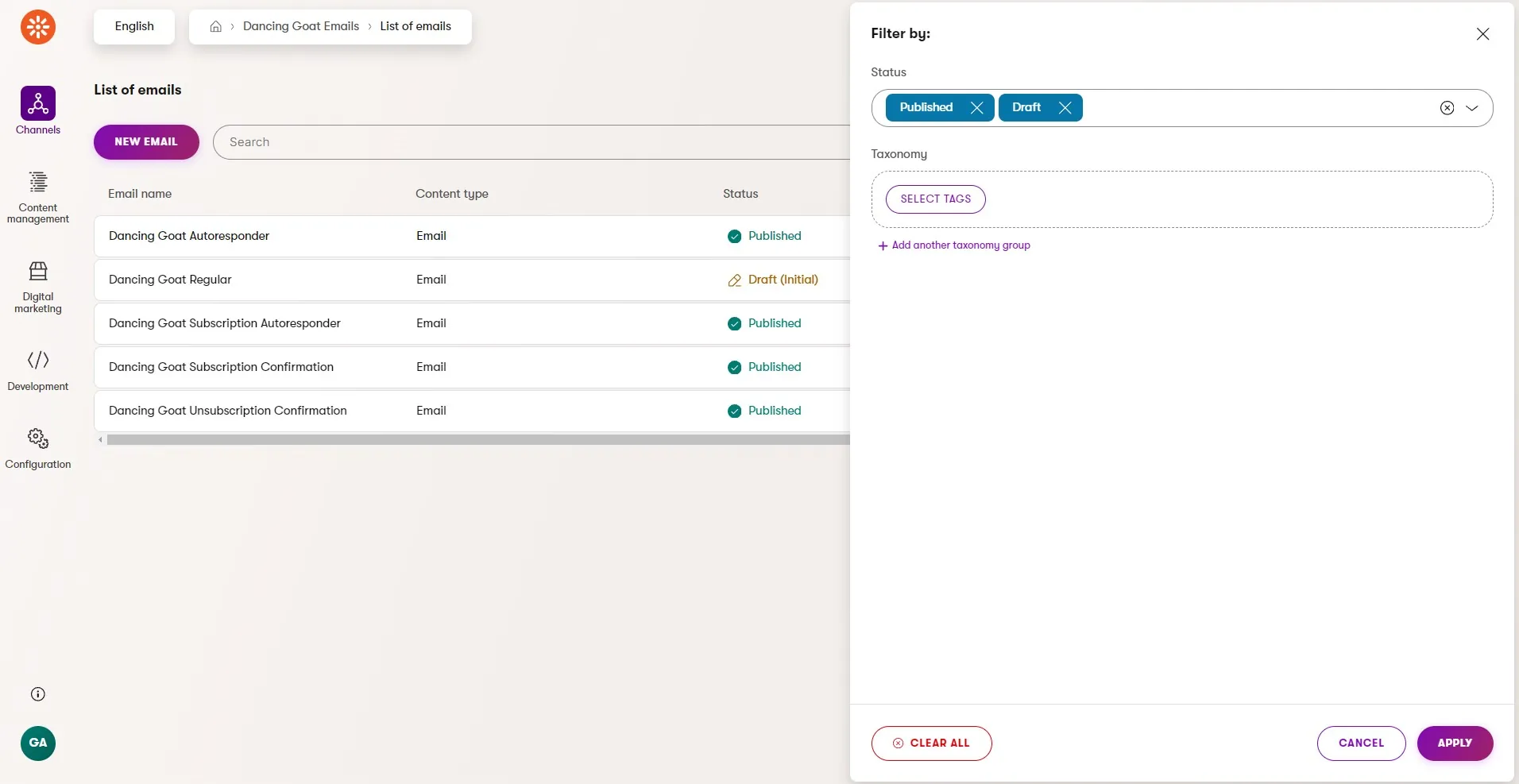 Email channel email list filter UI
