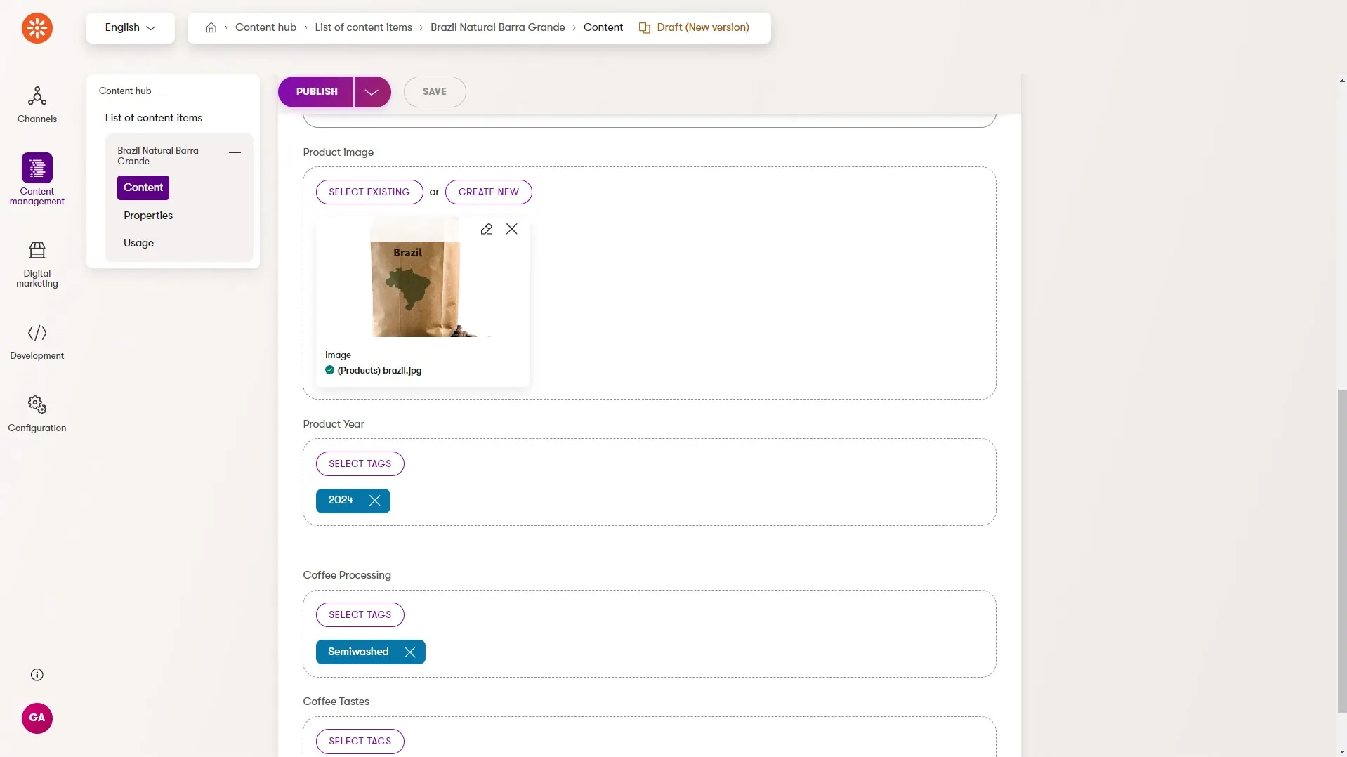 Coffee content item form with taxonomy fields