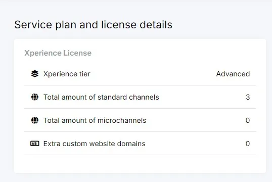 Tile showing the number of channels and custom domains available to a customer in the Xperience Portal.