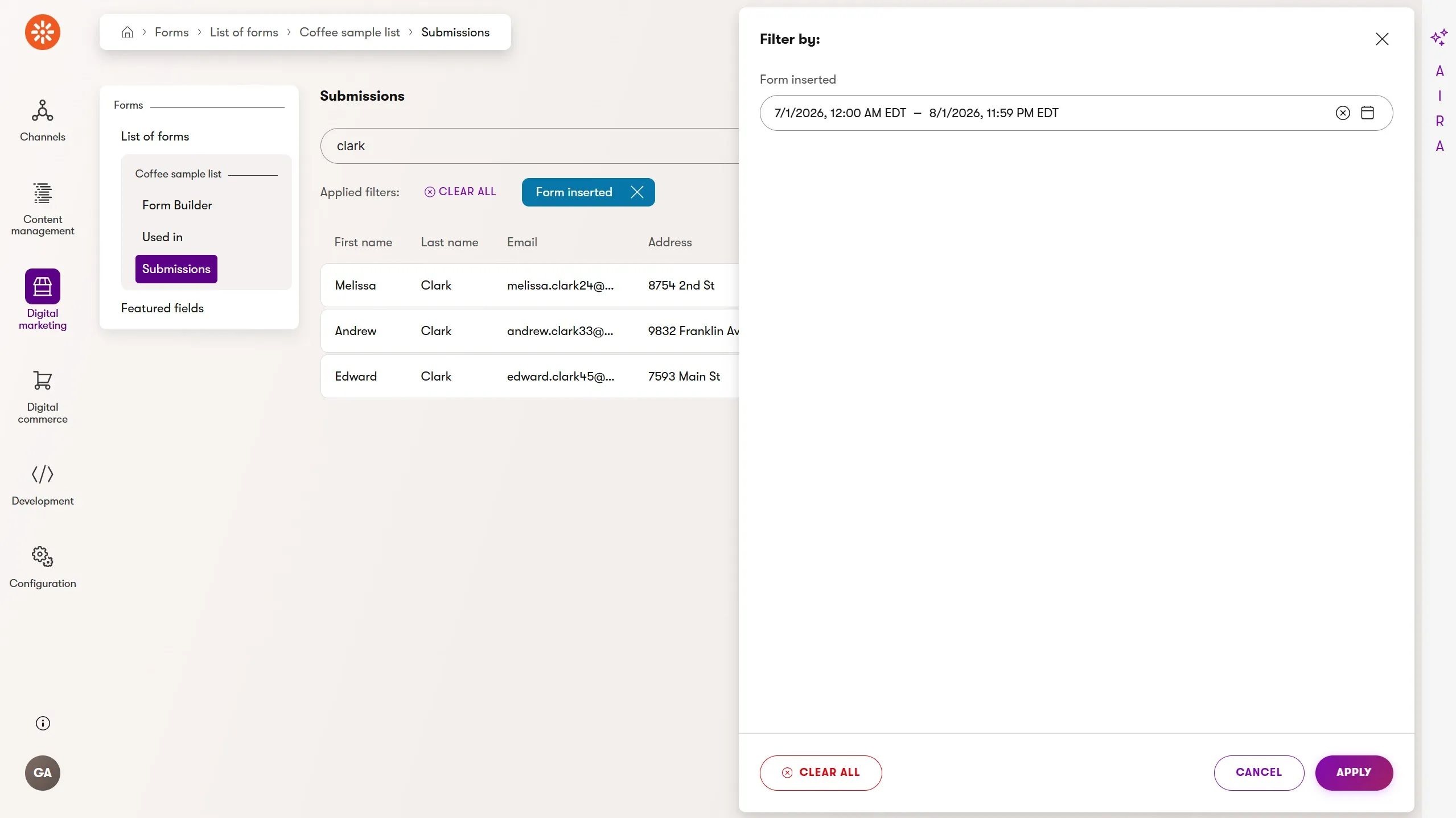 Form submission list filtered by text and submission date in Xperience by Kentico