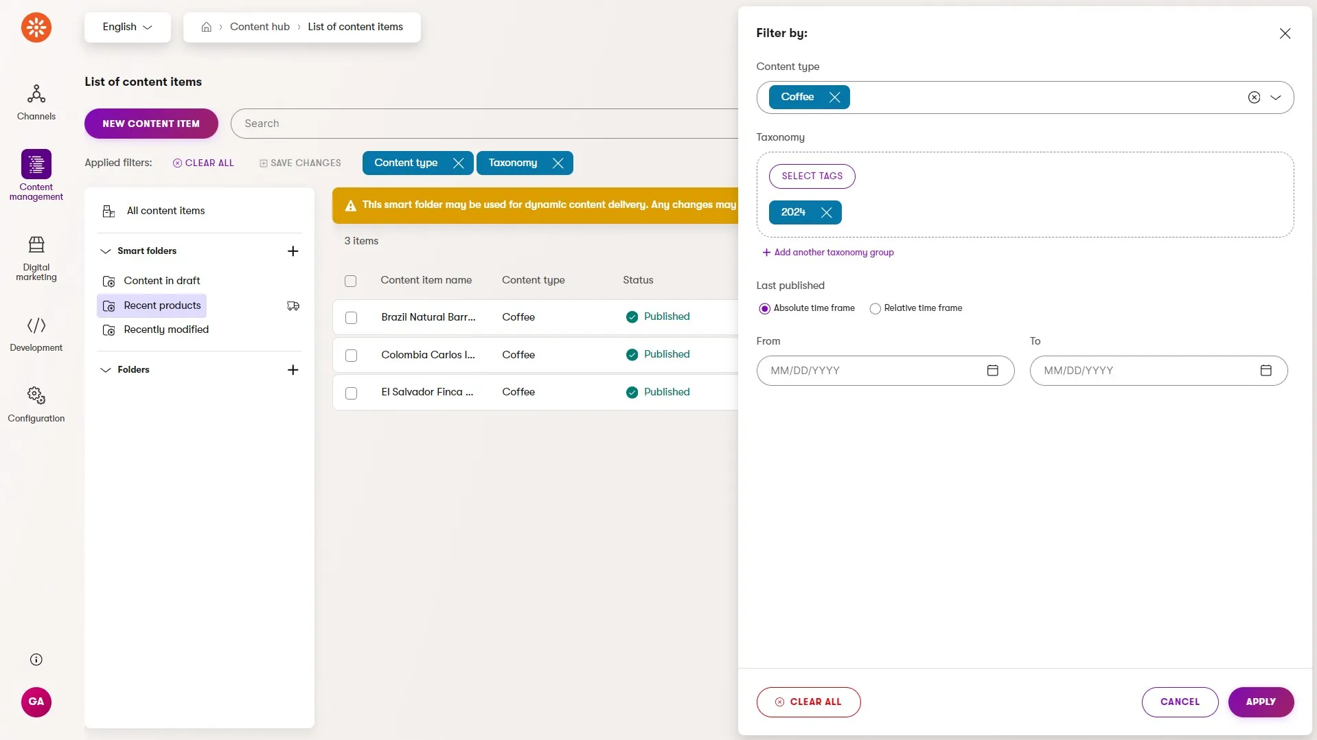 A selected smart folder in the Content hub used for content delivery with the filters panel displayed