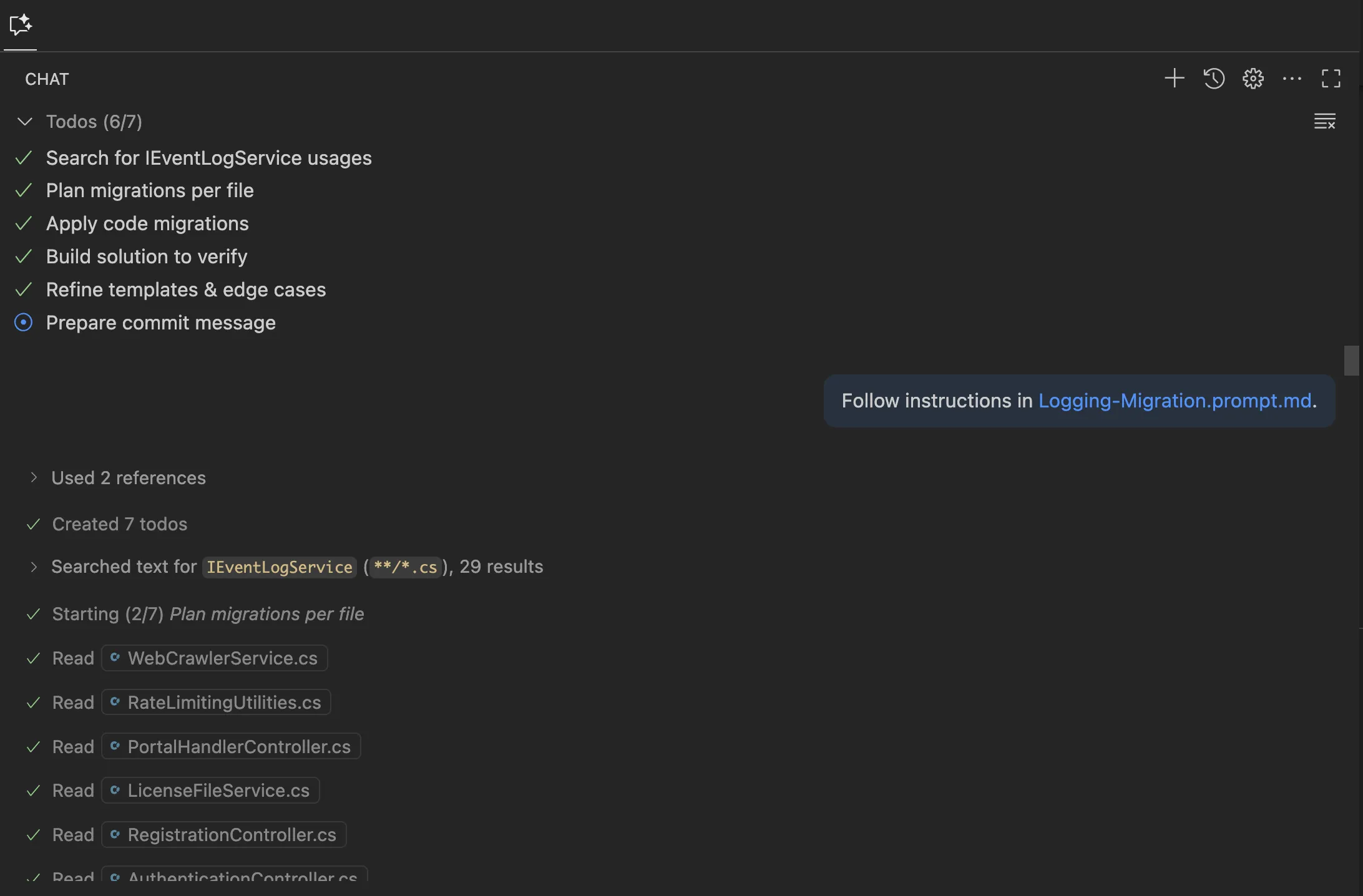Kentico Community Portal logging migration prompt execution Executing the logging migration prompt with GitHub Copilot in VS Code for the Kentico Community Portal.