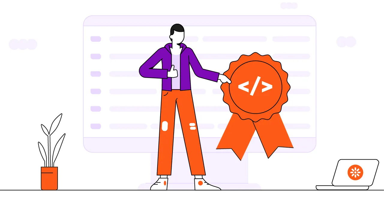 An illustration of a developer with a certificate