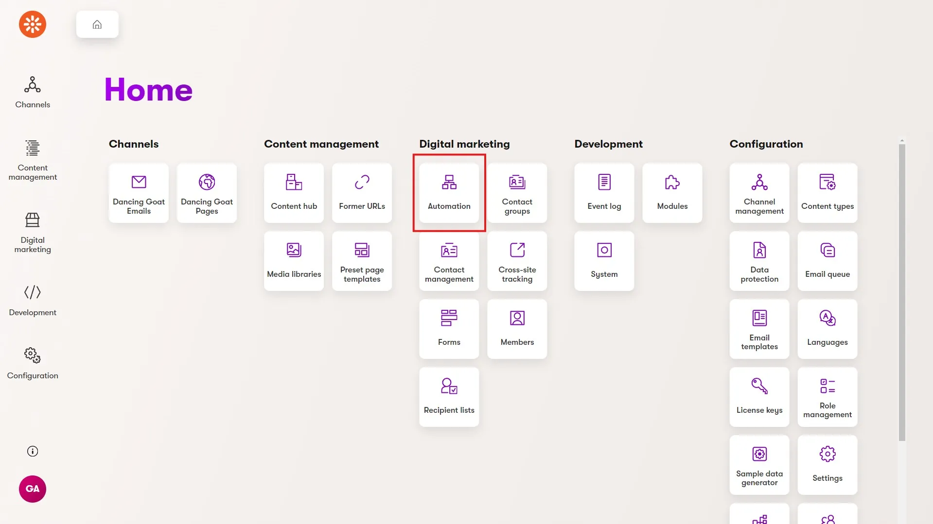 Xperience administration dashboard highlighting the Automation application