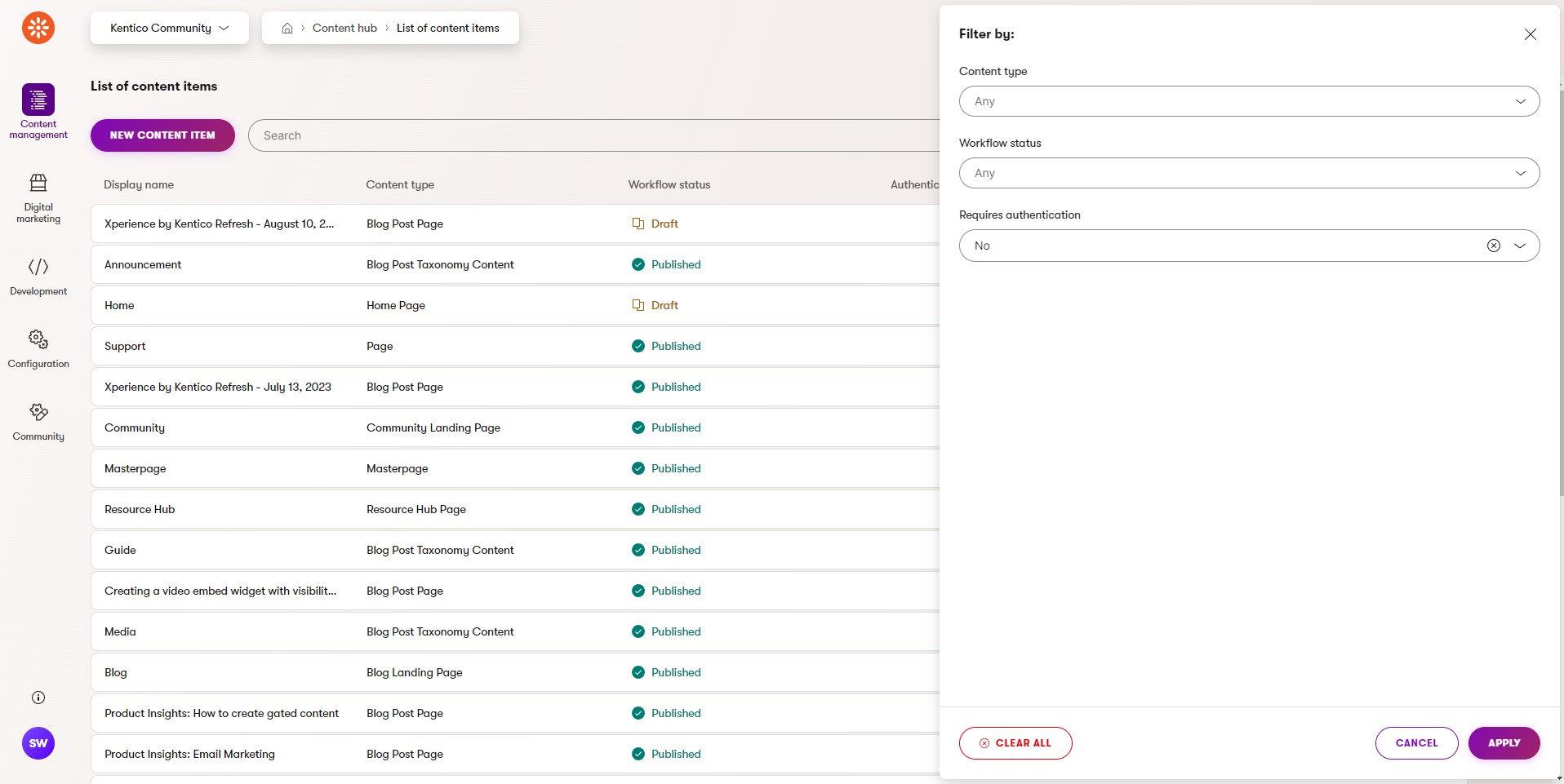 Content Hub filters dialog